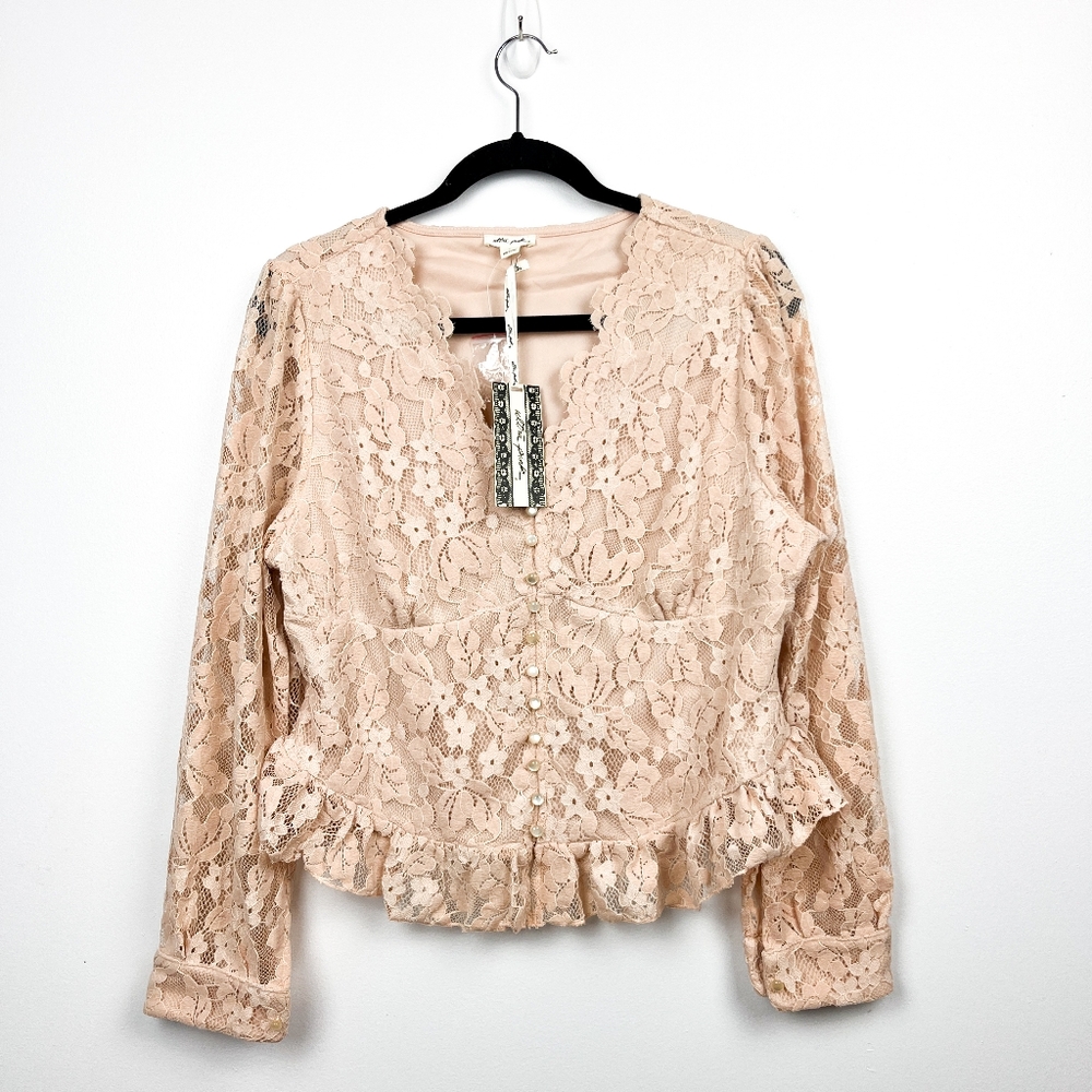 NWT Ultra Pink Lace Long Sleeve Peach Button-Up Blouse